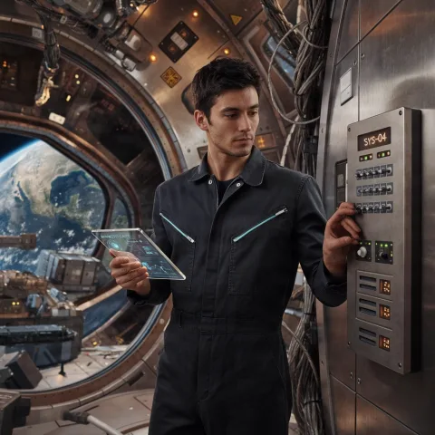 A young male orbital station engineer standing inside a vast ring-shaped space habitat, wearing a fitted dark technical jumpsuit with silver fasteners and subtle illuminated seams. She holds a transparent diagnostic tablet in one hand while adjusting a wall-mounted control module with the other. Behind her, curved windows reveal Earth below, while cables, instrument panels, warning lights, docking equipment, and brushed metal structures create dense sci-fi detail. Realistic skin texture, highly detailed hands, glass reflections, metallic surfaces, subtle blue and amber lighting, grounded science-fiction realism.