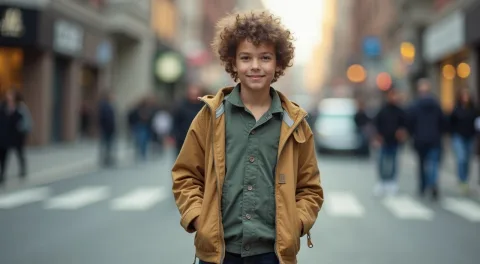 A candid street-style photo of a teen boy wearing a slightly oversized retro windbreaker, hands in pockets, standing near a crosswalk. The city background is softly blurred, focusing attention on his pose and wardrobe, echoing urban fashion blogs.