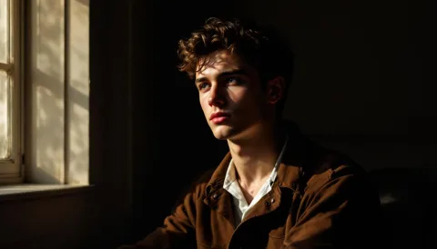 A painterly portrait of a young man seated by an arched window, the afternoon sun casting strong chiaroscuro across his face and collar. The background is dark and minimal, emphasizing classical composition and serene introspection.