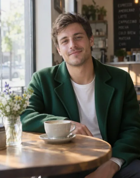 Change the denim jacket to a dark green wool overcoat. Keep the man, his pose, the cafe and the lighting exactly the same.
