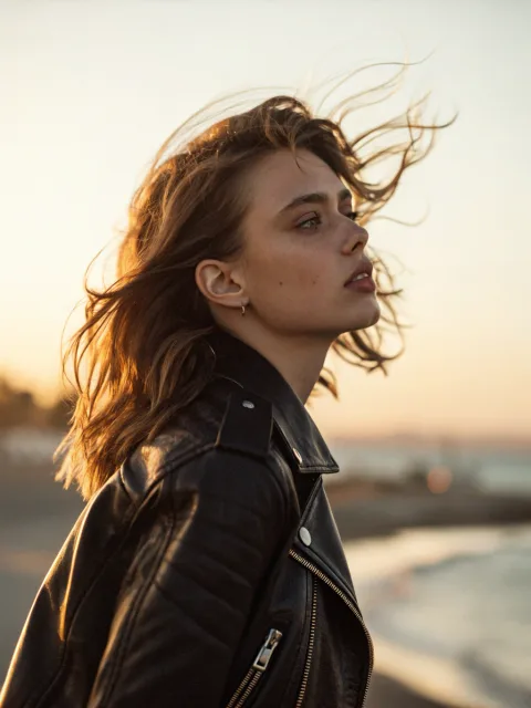 Ultra-realistic portrait of a young woman with windswept hair, wearing a leather jacket, golden hour lighting, 85mm lens, cinematic color grading, visible skin texture and pores