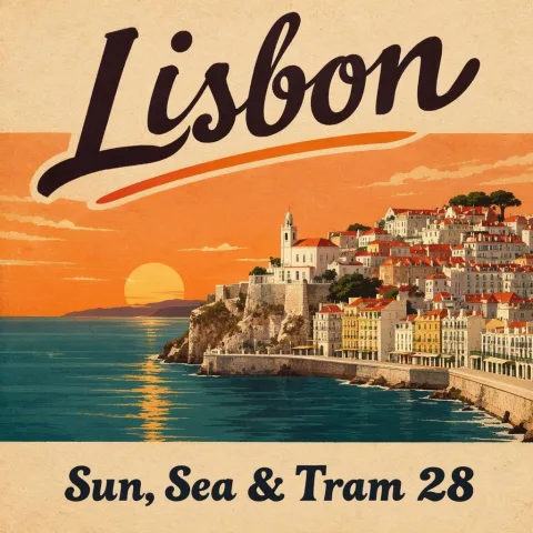A vintage travel poster of a seaside town at sunset, bold hand-lettered title "Lisbon" at the top and the line "Sun, Sea & Tram 28" at the bottom, flat colours, textured paper, balanced layout.