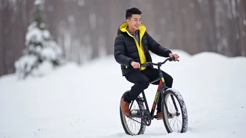 A boy is riding a bike in snow

