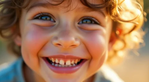 Close-up portrait of a child with bright, vivid emotions, their eyes wide and sparkling with joy, a genuine, infectious smile spreading across their face. The sunlight dances on their features, highlighting the rosy cheeks and creating a warm, radiant glow. The background is slightly out of focus, enhancing the child's exuberant expression and the feeling of pure, unfiltered happiness.