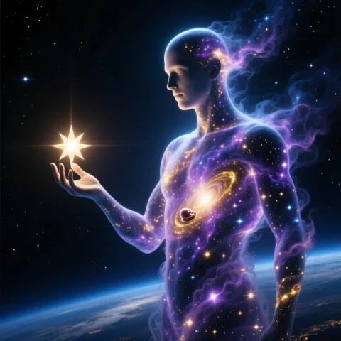 A movie poster depicting a cosmic deity. A humanoid entity formed from nebulae and stardust, with no distinct facial features, its body containing shimmering galaxies. It levitates in the cosmic void, extending a hand from which a new star is born at its fingertip. The composition is minimalist yet divine, emphasizing the magnificent moment of creation. The light source for the entire scene is the character itself and the newborn star, casting a soft, spectacular glow that illuminates the surrounding darkness. The color palette is deep cosmic blues, purples, and golds, evoking a sense of awe and infinite imagination. Digital art, Hubble Space Telescope photography style.





