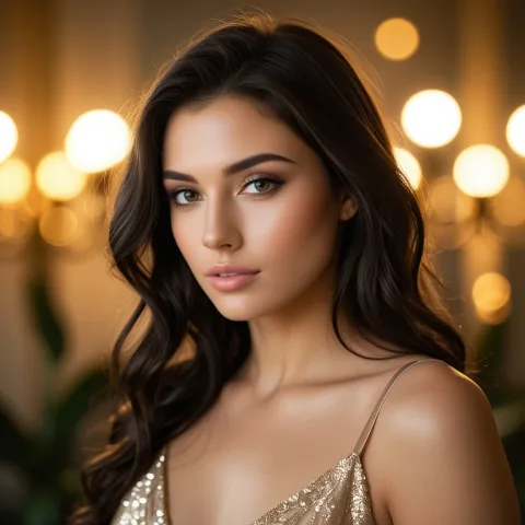 A captivating young woman, elegant and poised. Her eyes, filled with depth, gaze directly at the viewer. She has flowing, soft waves of dark hair and subtle, natural makeup. Wearing a delicate, ethereal silk gown. Shot in a soft, warm studio light with shallow depth of field, subtle bokeh background. Golden hour tones, highly detailed, cinematic portrait, 8K, photorealistic.
