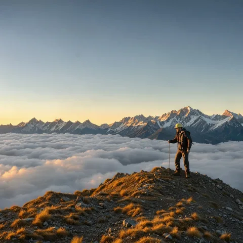 A wide landscape photograph of a lone hiker standing on a ridge above a sea of clouds at sunrise, golden light on distant snow-capped peaks, crisp detail, natural colors.
