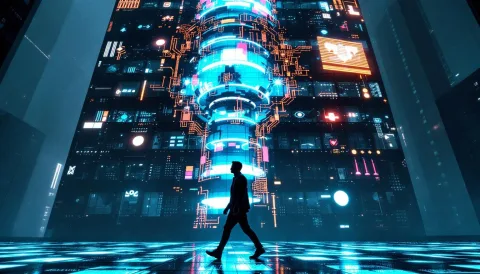 A lone man walks past a towering modern building illuminated by colossal animated projections. The ground glows with digital patterns beneath his feet. The style is surreal and futuristic, evoking themes of surveillance and identity in a tech-dominated world.