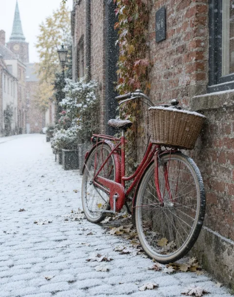 Turn it into a snowy winter morning: light snow falling and settled on the cobblestones and the bicycle seat. Keep the bicycle, the wall and the framing the same.