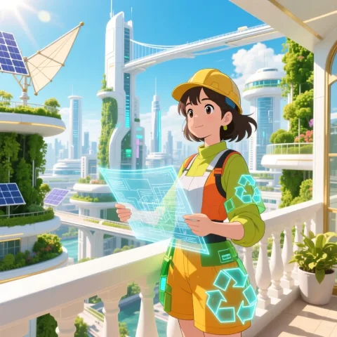 Solarpunk character poster. A vibrant young architect dressed in bright clothing made from recycled smart materials, holding a holographic blueprint. She stands on a balcony in a futuristic city where architecture and nature are perfectly integrated, featuring vertical gardens, solar sails, and sky bridges. The composition is bright and open, using a wide-angle lens to showcase the grand utopian vision. The lighting is brilliant sunlight, with vibrant, saturated colors dominated by white, green, and gold, creating an optimistic, harmonious, and sustainable future. The image is clean, transparent, and hopeful, with an art style reminiscent of future cities in a Studio Ghibli film.




