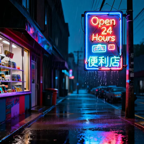 A rainy cyberpunk street at night, a bright neon sign hanging on the wall that says "Open 24 Hours" and "便利店". Cinematic lighting, realistic reflections on the wet ground.
