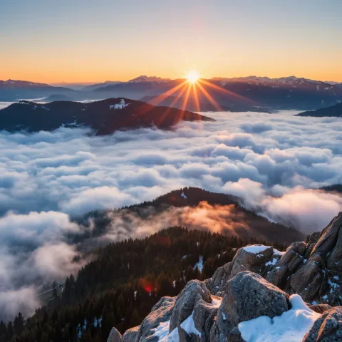 f4nt4sy_sc3n3 fantasy landscape，Epic landscape photography, a masterpiece. View from the summit of a high peak in the Swiss Alps, overlooking a **sea of rolling clouds** that fills the valley below. The **first light of sunrise** is breaking from behind a distant peak, casting **golden rays that rim-light the edges of the clouds** and create **dramatic crepuscular rays (Tyndall effect)**. The air is crisp and clear, with the sky graduating from deep blue to fiery orange. In the foreground, snow-dusted rocks add a sense of scale and depth.


