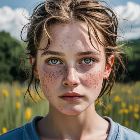 Close-up portrait of a freckled teenage girl with messy hair and intense green eyes, natural lighting, photorealistic, skin pores visible