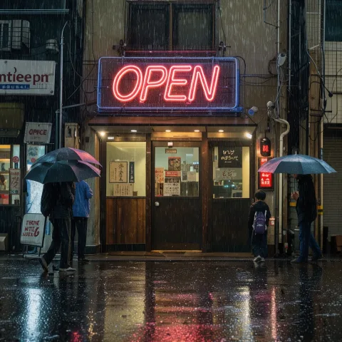 A neon sign reading OPEN above the doorway of a small noodle shop in a rainy Tokyo alley at night, reflections on the wet asphalt, a few passers-by with umbrellas, cinematic, photorealistic.