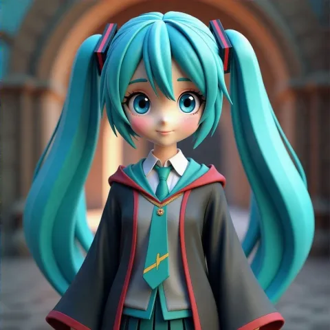 hatsune miku in disney and pixar  3d render in Harry Potter universe 