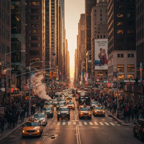 A bustling New York street at sunset, golden light reflecting on skyscrapers, cinematic lighting  