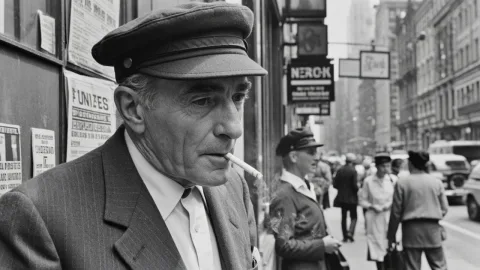 Documentary black and white street photography, **in the style of Henri Cartier-Bresson**. An elderly newspaper vendor is leaning against his stand, **lighting a cigarette in a fleeting moment between crowds**. He wears an old newsboy cap, **his weathered face has deep wrinkles**, his eyes are tired but sharp. The background shows a blurred New York street with pedestrians.

