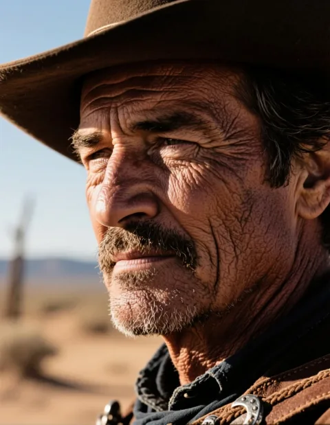 movie poster, dramatic close-up portrait of a weathered, middle-aged cowboy, harsh sunlight highlighting the lines on his face, squinting into the distance, dusty atmosphere of the American West in the background, shot on 35mm film, high contrast, cinematic, style of a Sergio Leone western





