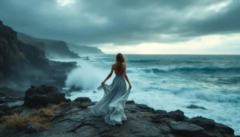 A wide-angle cinematic view of a woman standing at the edge of a rugged coastline, her dress rippling in the salty wind. Soft mist rises from crashing waves, and storm clouds roll in from the horizon. Her back is to the viewer, adding mystery and depth.