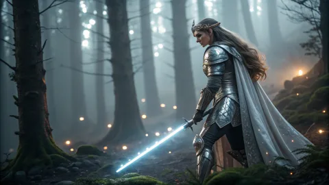 Elven warrior queen in silver armor, long flowing hair, glowing sword, standing in a misty enchanted forest, magical light, high detail, cinematic fantasy style