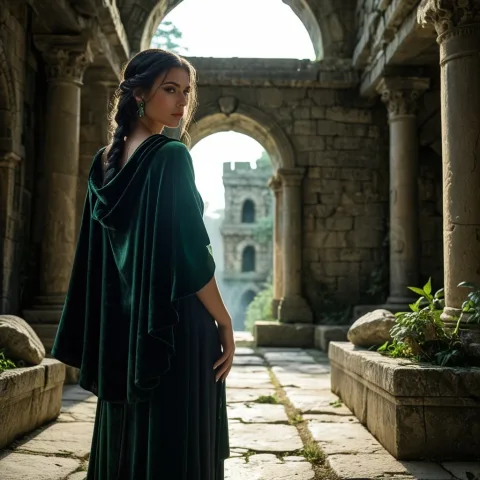 An enigmatic woman with piercing emerald green eyes. Her long, dark, braided hair is adorned with intricate silver runes. She wears a flowing, dark velvet cloak, partially obscuring her face. Standing in a dimly lit, ancient stone ruins, with misty fog swirling around her feet. Dramatic backlighting, deep shadows, rich jewel tones, cinematic, dark fantasy art, 8K.