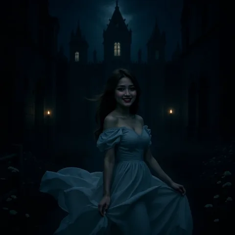 Change the background to a dark, eerie haunted castle with gothic architecture, cracked stone walls, flickering lanterns, and dense fog. Adjust the lighting and shadows on the girl so they match the ominous mood of the new background — cool tones, directional lighting from the castle, and subtle atmospheric glow. Keep the girl's pose and expression intact, but ensure overall harmony between subject and environment.