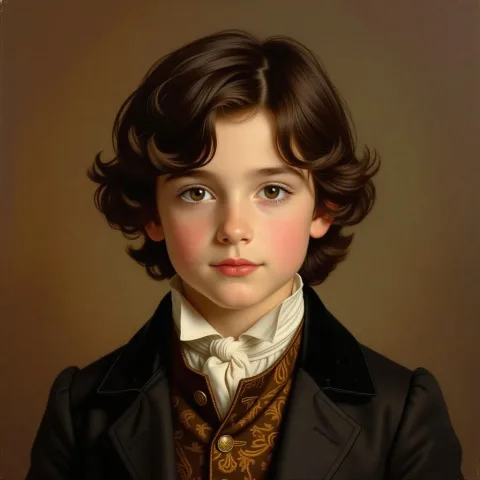Realistic Paintiing from 18s century fir a kid with brown eyes and dark brown hair, wearing a suit in medieval times 