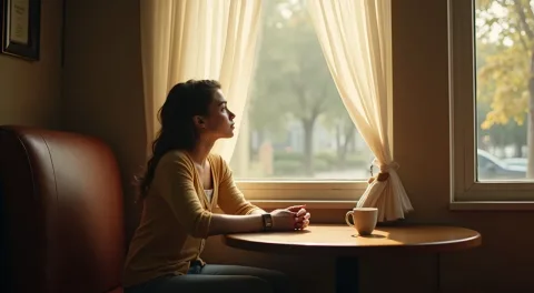 A soft-lit, nostalgic portrait of a young woman seated beside a large window in a cozy vintage café, absorbed in thought. Light filters through sheer curtains, highlighting the warm tones of wooden furniture and the retro ambiance of the setting.