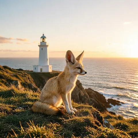 Place the fennec fox from Figure 1 sitting on the grassy cliff in front of the lighthouse from Figure 2, looking out at the ocean at sunset, warm golden light and long shadows, photorealistic.