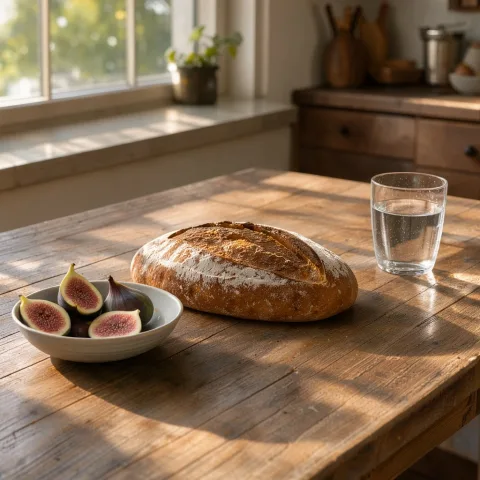 A rustic wooden kitchen table by a window with a freshly baked sourdough loaf, a ceramic bowl of ripe figs and a glass of water, warm morning sunlight casting long soft shadows, shallow depth of field, photorealistic food photography.