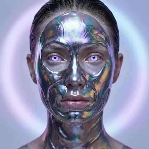 Close-up portrait of a model whose face is partially covered in flowing liquid metal or an iridescent, second-skin-like substance. She has otherworldly, light purple eyes and stares directly into the camera. The background is completely blurred out, leaving only a soft halo of light. The lighting is even and ethereal, as if from a bioluminescent source. Inspired by the style of Nick Knight, the image emphasizes surreal textures and subtle color gradients, exceptionally sharp, with breathtaking detail, 16K.\n