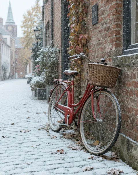 Turn it into a snowy winter morning: light snow falling and settled on the cobblestones and the bicycle seat. Keep the bicycle, the wall and the framing the same.