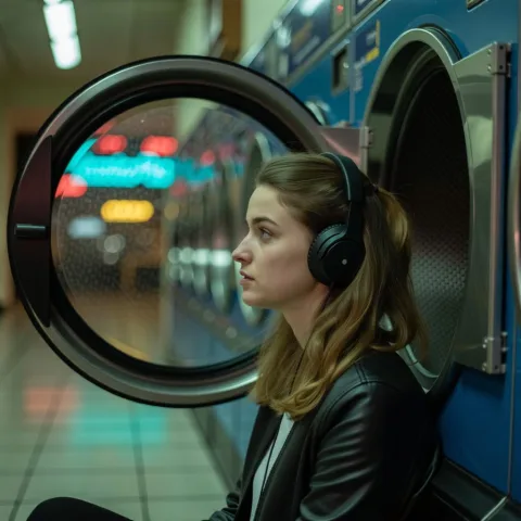 realism, a young woman sitting alone in a laundromat at midnight, wearing headphones, staring at the rotating dryer drum, neon reflections on the glass, a subtle expression of nostalgia on her face
