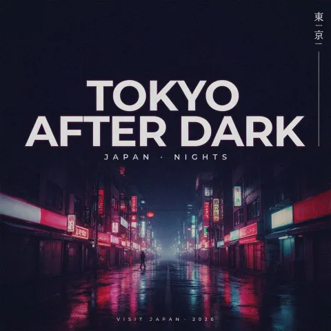 A premium travel poster for “TOKYO AFTER DARK”. Large, perfectly legible typography, bold modern sans-serif headline, neon-lit Tokyo streets at night, glowing signs, subtle reflections on wet pavement, deep blue, magenta, and electric red color palette, clean editorial layout, sophisticated Japanese graphic design, high-end tourism campaign.