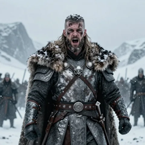Cinematic wide shot of a battle-worn viking warrior standing in a blizzard. Wearing intricate silver armor with fur cloak. Face covered in mud and war paint. Snowflakes landing on eyelashes. Intense gaze, screaming. Epic mountain background, overcast sky, desaturated colors, gritty texture, highly detailed armor, 8k, Arri Alexa camera.