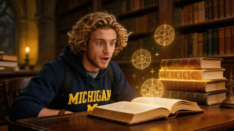 2 images. First, The same young man sitting at the desk, but the books behind him start glowing with golden magical light, ancient runes floating out of the open book, his eyes wide with surprise, Harry Potter aesthetic, cinematic. Second, The young man back in the library, book closed, looking shaken at a tiny dragon sleeping on the stack of books beside him, warm cozy lighting, magical realism