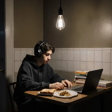 A student working late at a small kitchen table under a hanging bulb. Books, a half-eaten sandwich, and a laptop are scattered in front of him. He wears headphones and a hoodie, surrounded by the quiet hum of night.