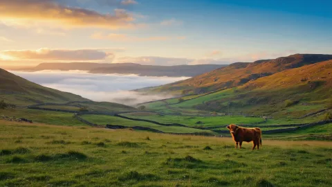 A photograph of the Scottish Highlands in the early morning, thick fog rolling over the green hills and ancient stone walls. The sun is just rising, casting golden sunbeams through the mist (crepuscular rays). a lone Highland cow with dew on its fur stands in the meadow. wide-angle shot, epic and serene atmosphere.

