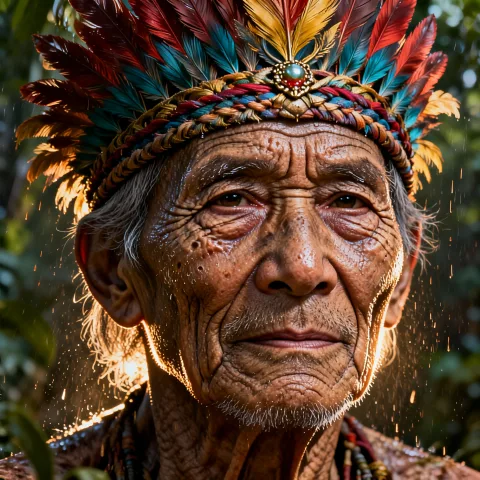 Hyper-realistic portrait of an elderly tribal elder with weathered, leathery skin deep in a rainforest. Every wrinkle and pore is visible. Raindrops sitting on the skin. Intricate colorful feather headdress. Rim lighting from the side highlighting the fine facial fuzz and floating dust particles. Intense gaze, cinematic lighting, shot on 70mm lens, IMAX quality.