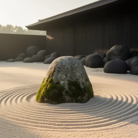 A serene Japanese zen garden with raked sand, moss stones, minimal wooden architecture, morning sun, tranquil mood.
