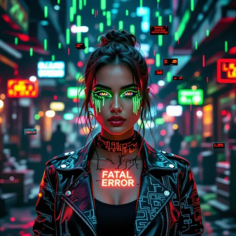 Dynamic shot of an alternative model with neon green eye makeup that glitches like a corrupted video file, wearing a leather jacket with circuit board patterns that pulse with ransomware animations. Stands in a dystopian hacker market filled with floating crypto wallets and VHS tapes labeled "Classified." Dramatic red/black lighting with green matrix rain and a "FATAL ERROR" tattoo glowing on her neck.