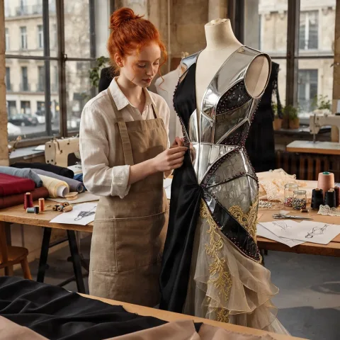 Transform the gown into an avant-garde couture piece combining matte black silk, polished silver structural panels, translucent smoked-glass sections, tiny ruby beadwork, fine gold embroidery, and layered organza.
Preserve the designer, mannequin, pose, studio layout, camera angle, and original gown silhouette.
Keep the garment elegant and wearable, with realistic textile folds, metal reflections, transparent material behavior, and intricate stitching. Premium fashion editorial, highly detailed.