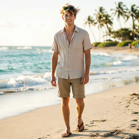 STYLE: Emphasize photographic qualities like camera settings, depth of field, and lighting.
A vibrant, sunlit beach scene captured with a wide-angle lens, shallow depth of field, and natural golden-hour lighting. A young man in casual beachwear—linen short-sleeve shirt left slightly unbuttoned, rolled-up chino shorts, and leather flip-flops—stands barefoot on soft sand, smiling confidently at the camera. His hair is lightly tousled by the sea breeze, with a pair of aviator sunglasses resting on his head, and his expression radiates ease and carefree energy. The background features blurred turquoise waves and distant palm trees, creating a dreamy bokeh effect. Shot in candid-style beach photography with warm tones, high dynamic range, and realistic textures. Medium shot, eye-level, capturing his full upper body and surroundings with a natural, inviting atmosphere.