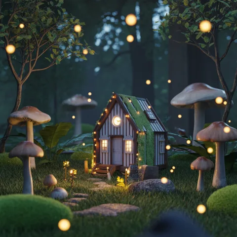 A glowing enchanted forest with floating fireflies, a small cottage with warm lights, surrounded by giant mushrooms and mossy stones, magical atmosphere, soft bokeh, 3D rendered, storybook style