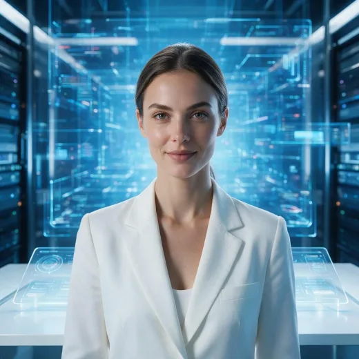 A professional young foreign woman standing in a futuristic AI studio, front-facing upper body portrait, wearing a clean white blazer, calm confident expression, direct eye contact, subtle smile, blue holographic technology background, soft cinematic lighting, realistic skin texture, premium corporate campaign style, photorealistic, high detail, 9:16