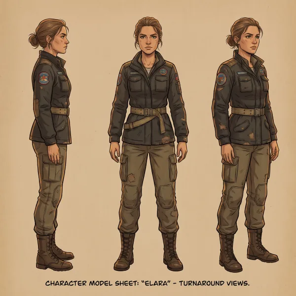 Same female character, 3-angle turnaround (front, side, 3/4), consistent face and lighting, detailed outfit texture, animation design sheet.