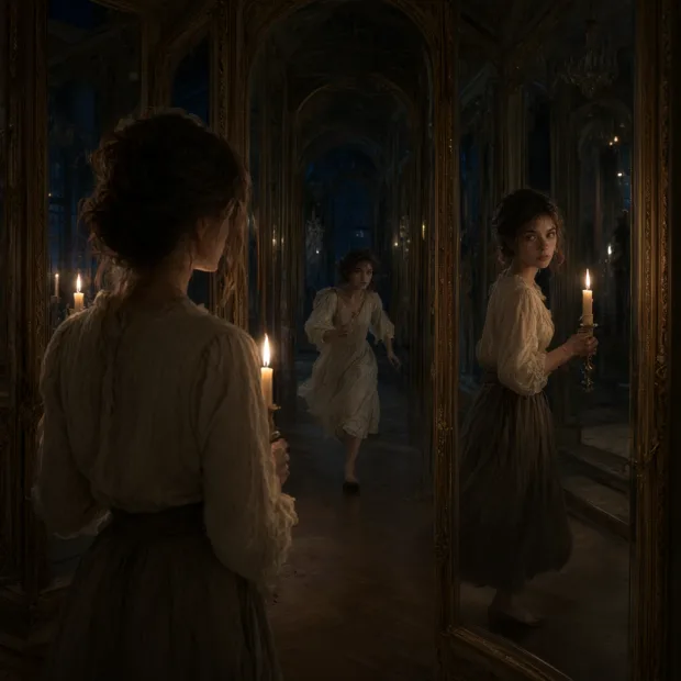 A young woman carrying a candle explores an abandoned palace at night. She enters a lon… — Gambar yang dihasilkan oleh API Qwen Image 3.0 Text-To-Image