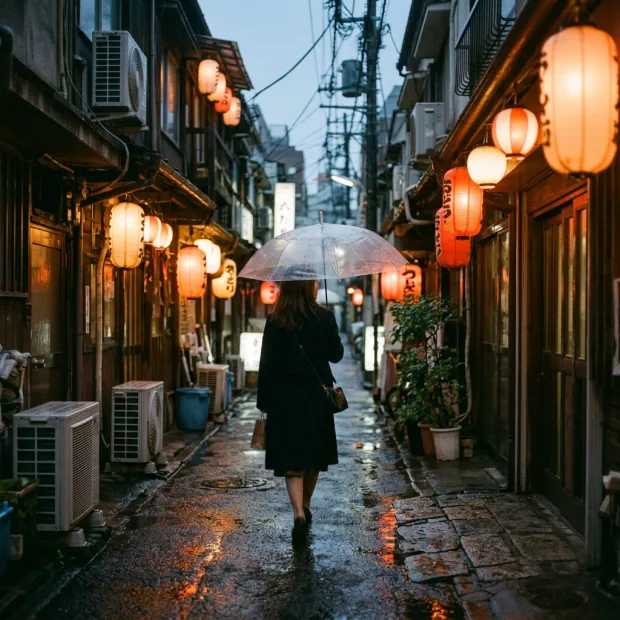 Street photo of a woman with a clear umbrella walking down a narrow alley at dusk in th… — Image generated by Nano Banana 2.1 Text-To-Image API