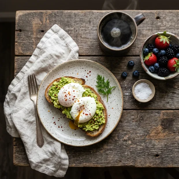 Overhead photo of a rustic breakfast table: sourdough toast with smashed avocado and po… — Image generated by Nano Banana 2.1 Text-To-Image API