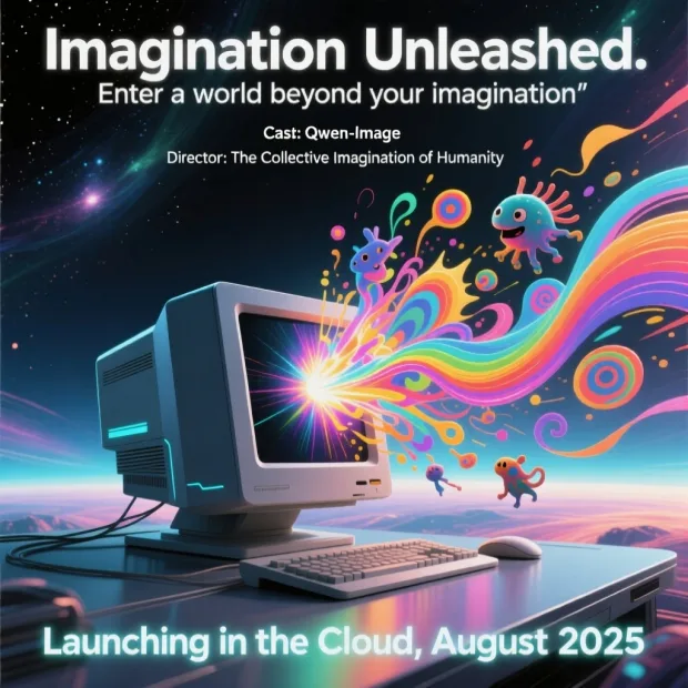 A movie poster. The first row is the movie title, which reads "Imagination Unleashed". … — Image générée par l’API Qwen Image Text-To-Image